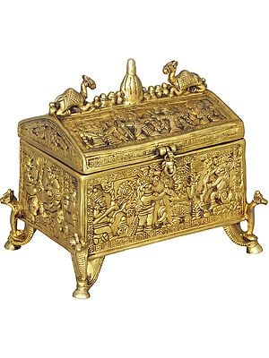 11" Tribal Treasure Box Decorated With Various Figures In Brass | Handmade | Made In India