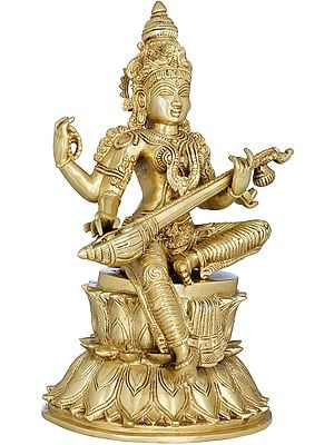 14" The Goddess of Music and Art Strumming Her Veena In Brass | Handmade | Made In India
