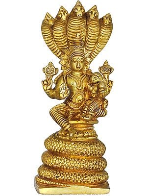 5" Lord Vishnu Brass Idol with Goddess Lakshmi Seated on Sheshanaga