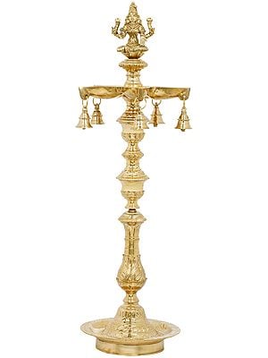 34" Five Wicks Goddess Lakshmi Lamp In Brass | Handmade | Made In India