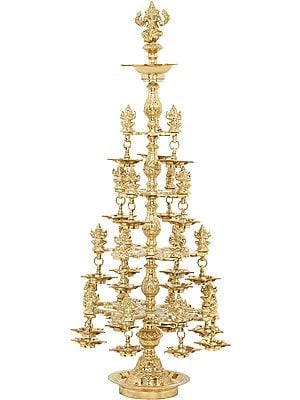 38" Multitude of Auspiciousness Large Brass Lamp with Twenty-Two Ganesha Idol