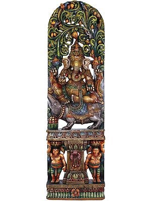 Large Size Ganesha Seated On Mouse With Vegetative Aureole