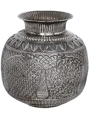 Intricately Carved Superfine Puja Kalasha in Silver Hue