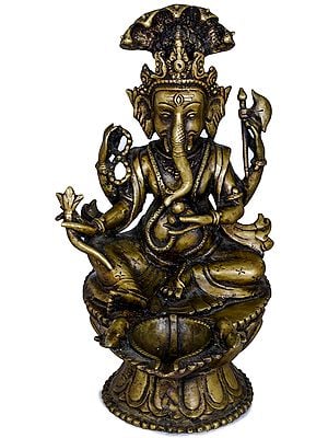 11" Lord Ganesha Lamp with Five-Hooded Serpent Handle and Oil Bowl Base In Brass | Handmade | Made In India