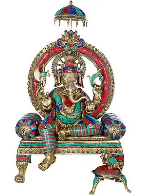 47" Lord Ganesha Seated On Royal Cushion Throne - Large Size In Brass | Handmade | Made In India