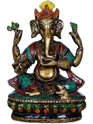 6" Inlay Statue Of Ganesha in Nepalese Style In Brass | Handmade | Made In India