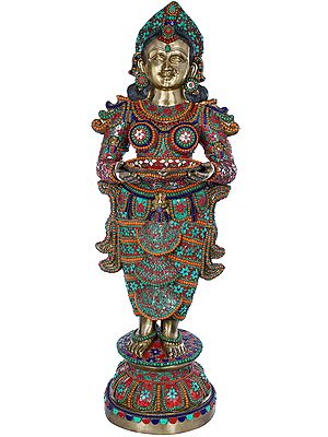 52" Large Size Deepalakshmi With Fine Inlay Work In Brass | Handmade | Made In India