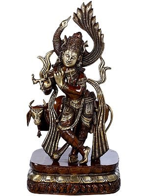 25" Peacock Haloed Krishna Fluting With Surabhi Cow In Brass | Handmade | Made In India