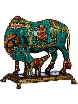 8" Mother Cow Nourishes Her Young One In Brass | Handmade | Made In India