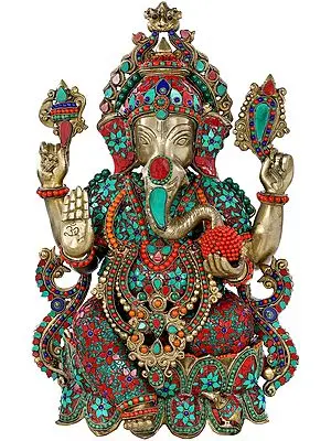 21" Four Armed Blessing Ganesha Seated on Lotus In Brass | Handmade | Made In India