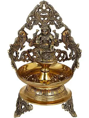 13" Goddess Lakshmi Large Diya With Peacock Aureole In Brass | Handmade | Made In India