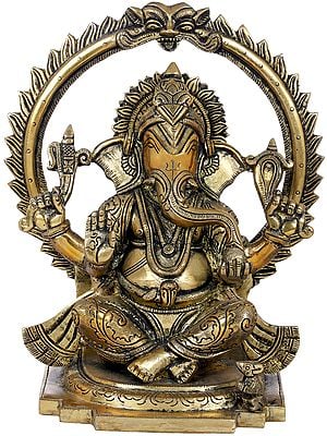 8" Chaturbhuja Seated Ganesha In Brass | Handmade | Made In India