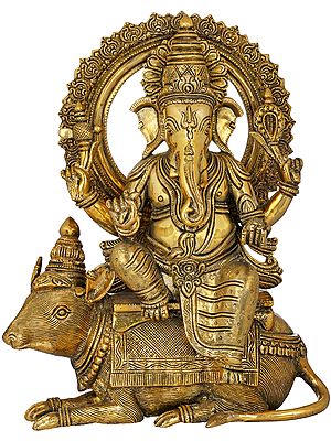 16" Crowned Ganesha Seated On His Mouse In Brass | Handmade | Made In India