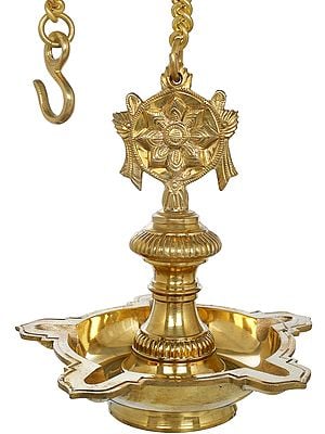 9" Roof Hanging Lamp With Vaishnava Symbols In Brass | Handmade | Made In India