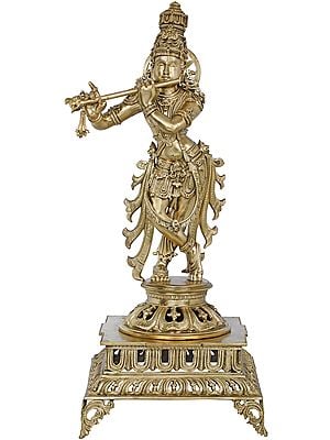 Superfine Bronze Krishna On a Lotus Pedestal - Large Size