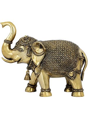Decorated Elephant Brass Figurine with Bell and Upraised Trunk