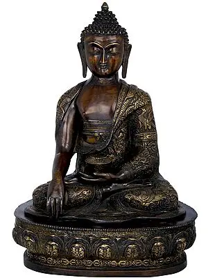 21" Lord Buddha Seated On Lotus Seat Wearing an Extensively Carved Robe - Tibetan Buddhist In Brass | Handmade | Made In India
