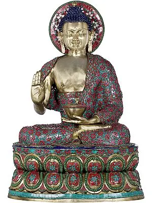 38" Large Inlay Preaching Buddha - Tibetan Buddhist In Brass | Handmade | Made In India
