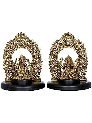 7" Lakshmi Ganesha On Wooden Pedestal with Floral Aureole In Brass | Handmade | Made In India