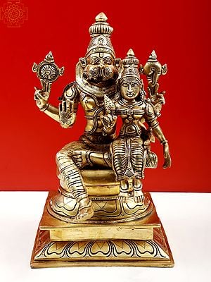 15" Narasimha with Lakshmi - Fourth Avatars of Lord Vishnu | Handmade Brass Statue | Made in India