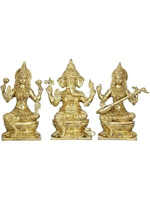 12" Lakshmi Ganesha Saraswati In Brass | Handmade | Made In India