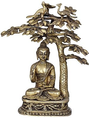 12" Tibetan Buddhist Deity Buddha Under The Bodhi Tree In Brass | Handmade | Made In India