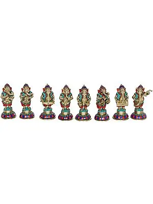 6" Set of Eight Musical Ganeshas In Brass | Handmade | Made In India