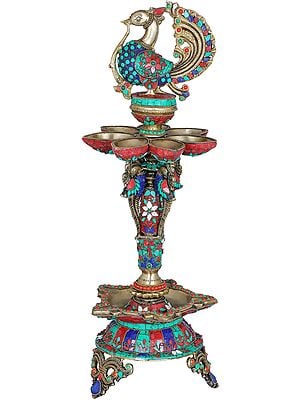 22" Inlay Peacock Twelve Wicks Lamp In Brass | Handmade | Made In India