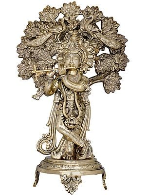 18" Krishna Playing the Flute Beneath the Backdrop of Tree with Peacocks In Brass | Handmade