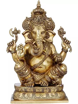 15" Chaturbhuja Ashirwad Ganesha Wearing a Majestic Crown In Brass | Handmade | Made In India