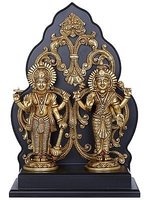 12" Lakshmi-Narayana Mounted On Wall-Hanging Wooden Aureole In Brass | Handmade | Made In India