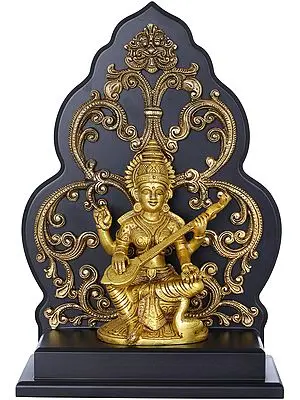 12" Goddess Saraswati On a Kirtimukha Chowki In Brass | Handmade | Made In India