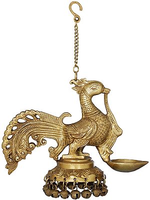 7" Brass Roof Hanging Peacock Lamp with Ghungroos | Handmade | Made in India