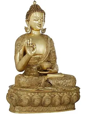 35" The Gracious Buddha, Clad In A Luxuriant Robe In Brass | Handmade | Made In India