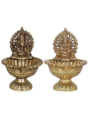 6" Lakshmi Ganesha Lamp In Brass | Handmade | Made In India
