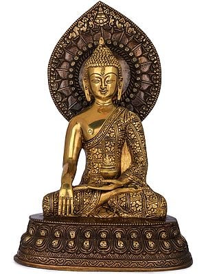 13" Shakyamuni Buddha Idol with Large Lotus Petals Aureole | Handmade Tibetan Buddhist Brass Statue