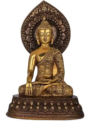 13" Shakyamuni Buddha with Large Lotus Petals Aureole - Tibetan Buddhist In Brass | Handmade | Made In India