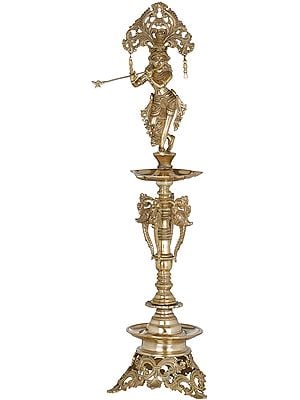 28" Large Lord Krishna Lamp | South Indian Brass | Handmade | Made In India