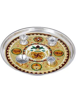 Puja Thali with Attached Diya, Agarbatti Stand, Kumkum Box and a Bowl