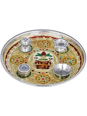 Small Puja Thali with Attached Puja Vessels