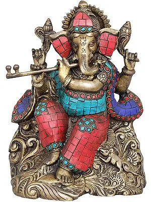 8" The Musician Ganesha Playing on Flute In Brass | Handmade | Made In India
