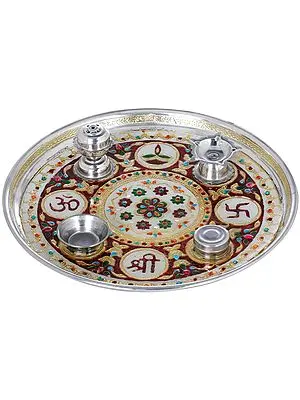 OM Shree Puja Thali with Attached Puja Vessels