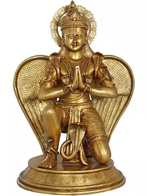 32" Large Namaste Garuda Adorned with Snakes in Brass