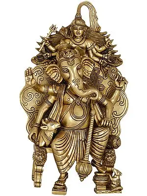 15" Warrior Lord Ganesha With Nandi And Shadbhujadhari Shiva In Brass | Handmade | Made In India