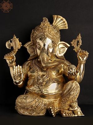 21" Beturbaned Lord Ganesha, Seated On The Floor In Brass | Handmade | Made In India