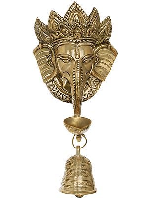 16" Crowned Ganesha Wall Hanging Mask with Lamp and Bell In Brass | Handmade | Made In India
