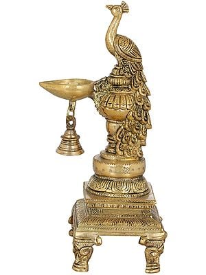 10" Peacock Bell Lamp on a Unique Pedestal In Brass | Handmade | Made In India