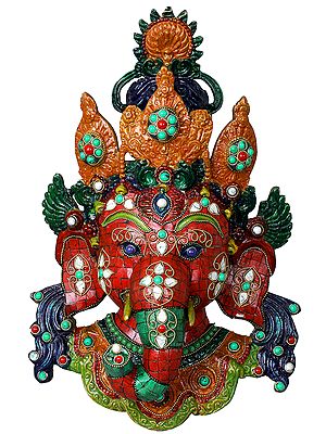 14" Ganesha Mask in Nepalese Style Inlay Work - Wall Hanging In Brass | Handmade | Made In India