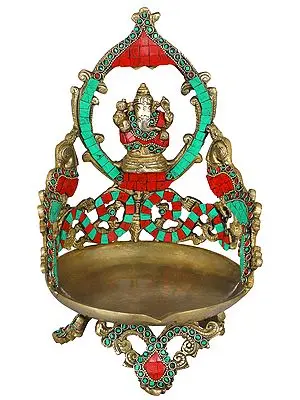11" Shri Ganesha Peacock Lamp In Brass | Handmade | Made In India