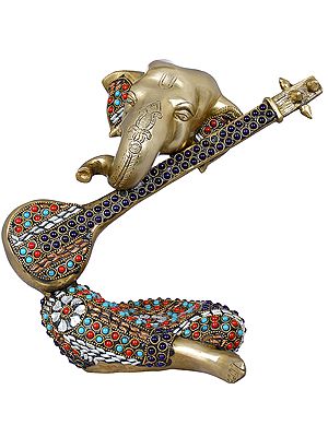 9" Stylized Musical Ganesha In Brass | Handmade | Made In India